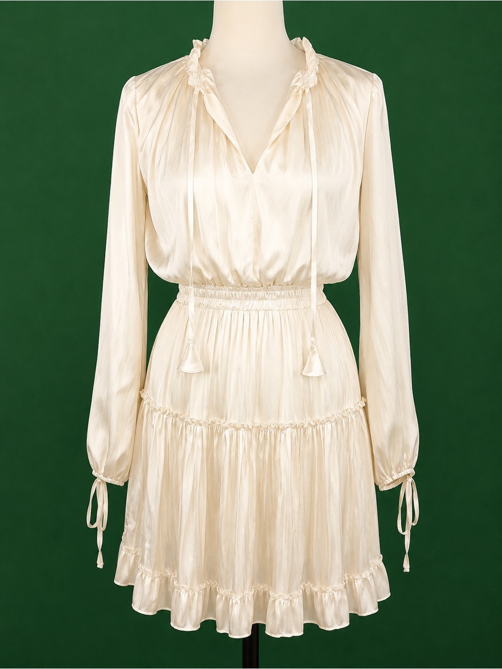 The Reset Cream Long-Sleeve Tassel Ruffle Dress